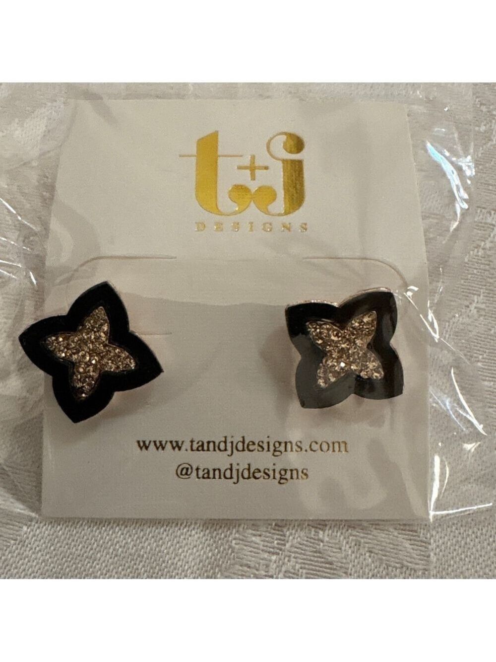 T&J Designs One Size Black & Gold Flower Stud Earrings